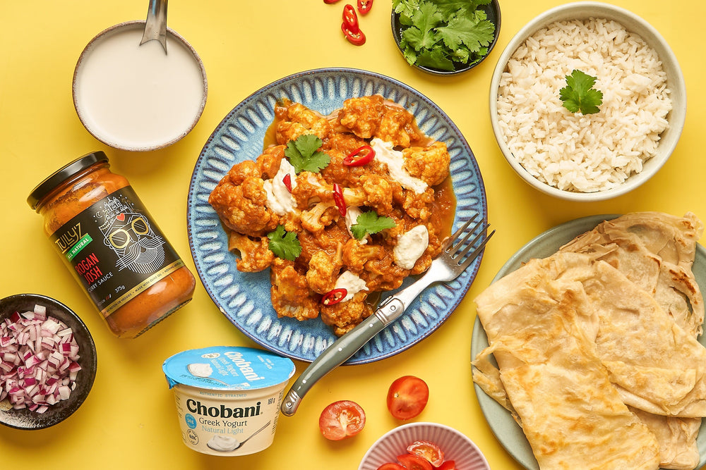 Rogan Josh Cauliflower Curry served with Greek yoghurt and fresh coriander.
