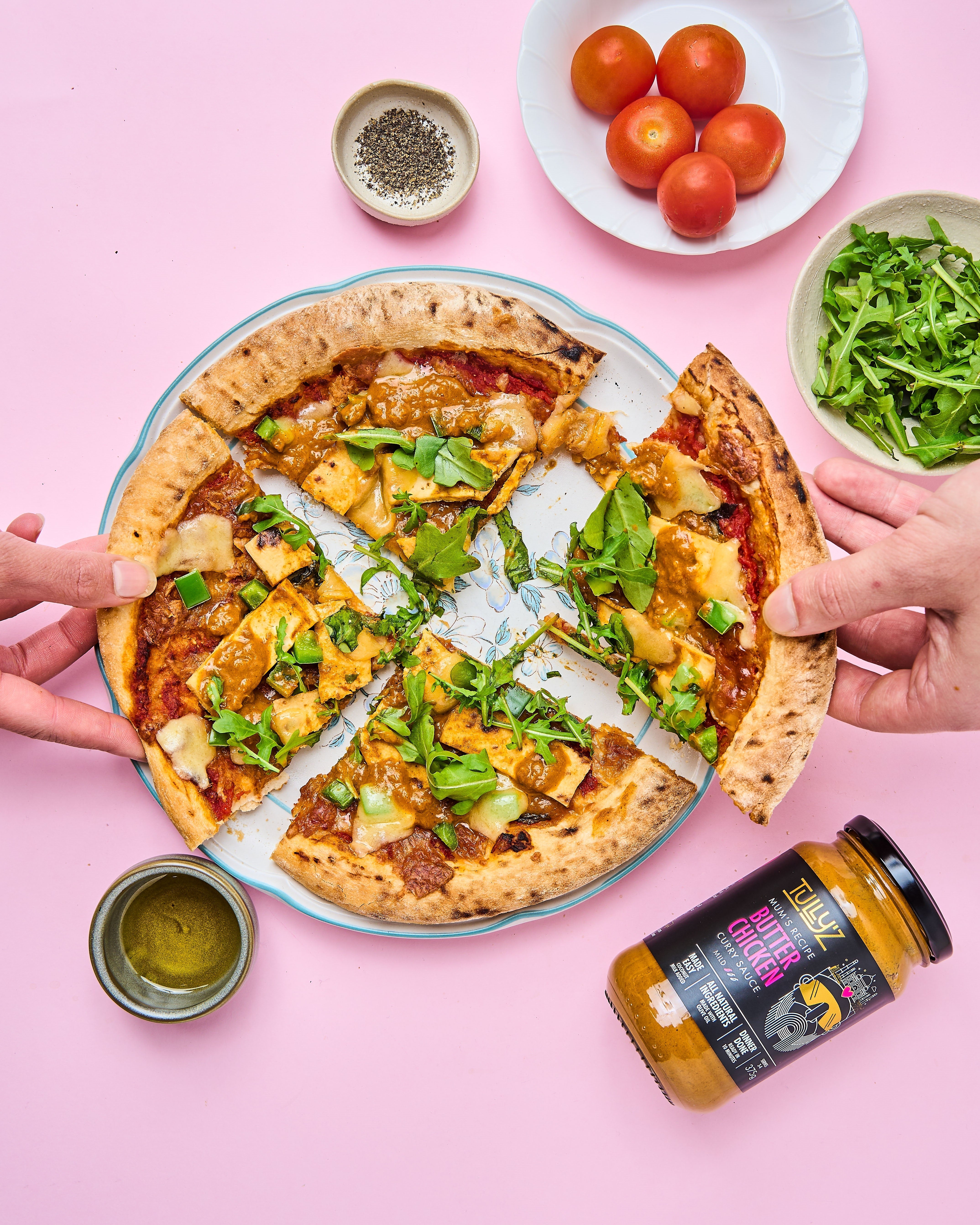 Butter Chicken Pizza with Tofu and Rocket